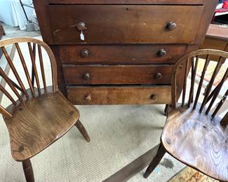 Chest and pair of Windsor chairs