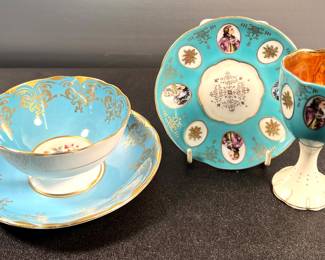 Aynsley footed tea cup and saucer, Aynsley pedestal teacup and saucer with portrait medallions