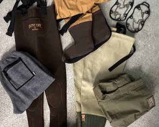 Nearly new, name brand fishing waders...Orvis, L. L. Bean, etc.
Also, ice cleats.
