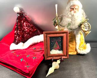 Large Christmas tablecloth, light up Santa, sequin hat, ornament and more