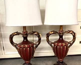 Pair of ornate lamps with beautiful oval shades