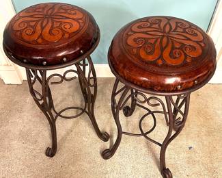 Handsome tooled leather top bar stools, wrought iron legs