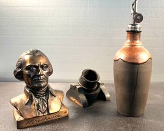 Thomas Jefferson bust, cast iron mortar cannon, oil or vinegar cruet