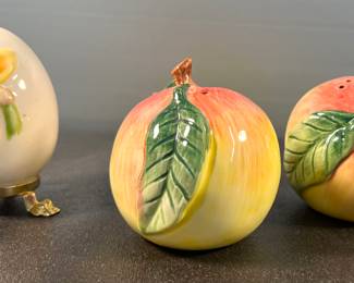 Goebel porcelain egg and Fitz and Floyd peach salt and pepper