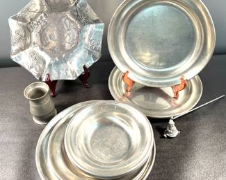Pewter dinnerware, Wendell August hammered aluminum bowl, antique pewter case, santa candle snuffer