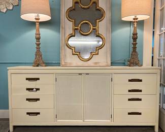 Beautiful mid-century modern credenza, pair of ornate lamps and one of a kind mirror