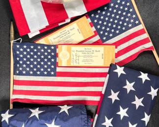 Flags, flags with tickets to President Bush’s Charleston WV visit, flag and flag holder 
