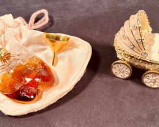 Perfume bottle with funnel and bag, trinket box