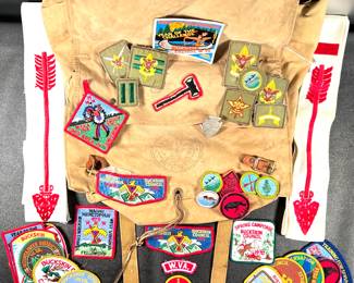 Vintage BSA backpack, kerchief slide 1969, Order of the Arrow 60’s-70’s, forty BSA patches