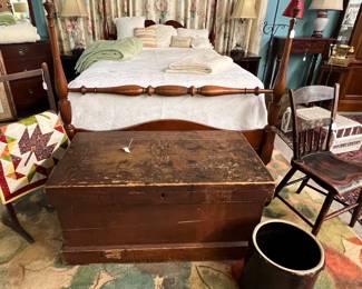 Large wooden chest, four poster bed, crock, small quilt