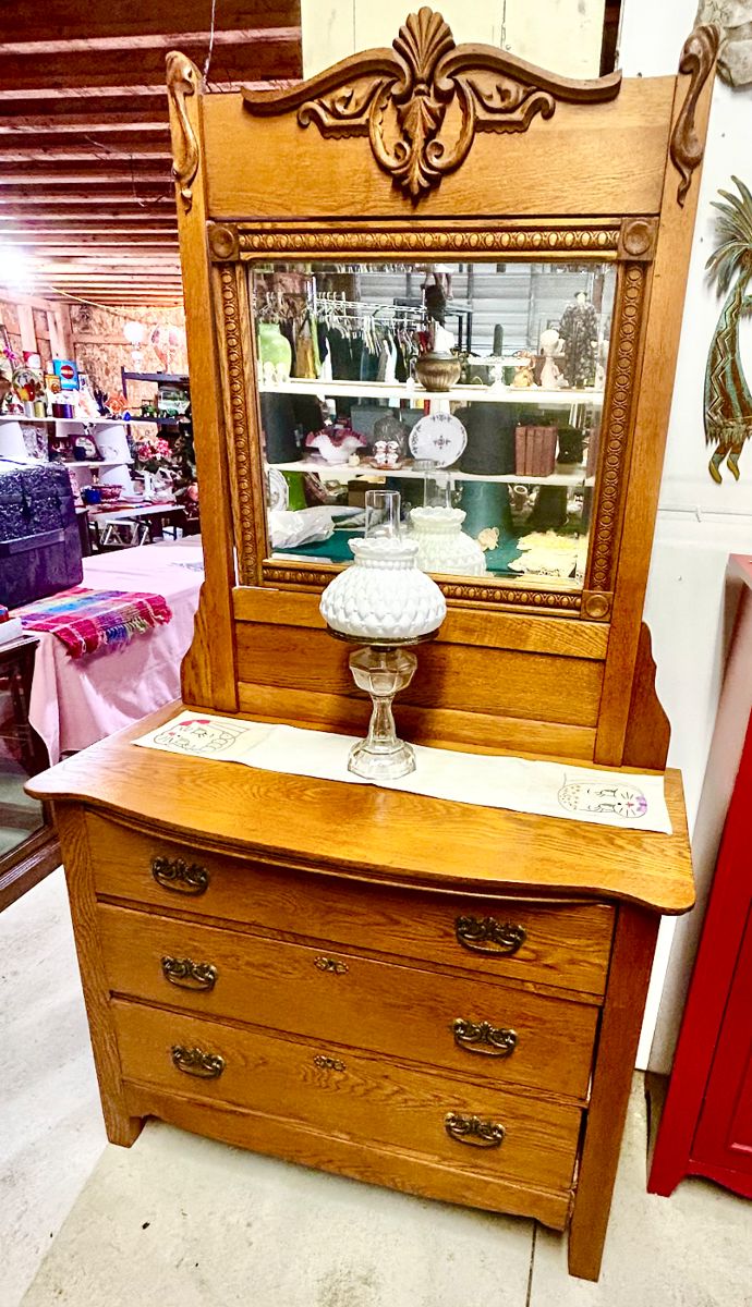Antique dresser and mirror with applied moldings, kerosene lamp w/ milk glass shade