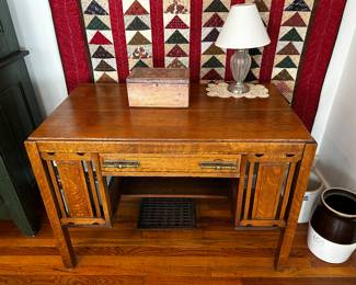 Antique oak desk, quilt/wall hanging