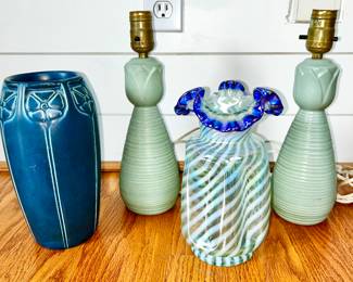 Rookwood blue carved flower 9" vase (1930's), pair of Mid-Century art pottery lamps, Fenton glass vase with fluted top, 8 3/4" tall