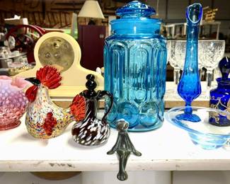 Fenton cranberry opalescent vase, Murano rooster, Viking amethyst cruet, LE Smith Moon & Stars large blue glass canister, blue stretch glass vase, cobalt blue w/ gold design perfume