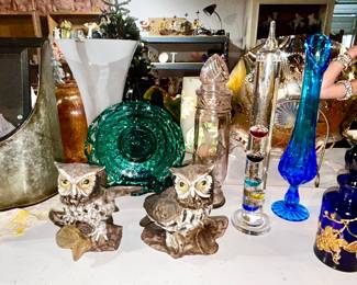 Vintage glassware, owl figurines, MCM blue vase, cobalt blue w/ gold grape/leaf design, etc.
