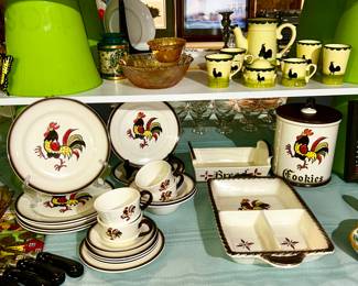 Metlox Poppy Trails chicken dinnerware, bread serving dish, Cookie jar, 3-part dish