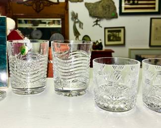Waterford Crystal woman golfer figure, Waterford Crystal water & Old Fashion glasses (2 pair)