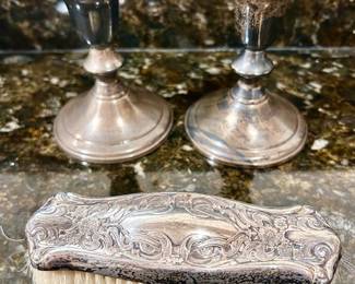 Sterling silver candle sticks and clothing brush