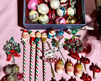 Vintage Christmas ornaments, vintage pencils & vintage Christmas corsages