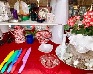 Cuisinart knifes with sheaths, enamelware, glassware, Fenton hobnail milkglass bowl, metal bowls, glass