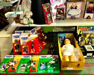 Starting Lineup basketball, football figures (new in package), Vintage ToniLee doll in original box bottom, vintage dolls, collectible baseball memorabilia (new in package)