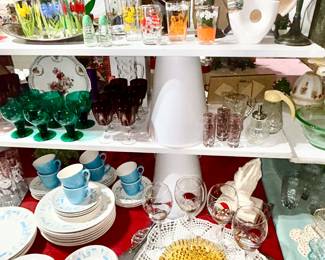 Vintage glassware, MCM Atomic Blue Heaven Royal China (partial set), etc.