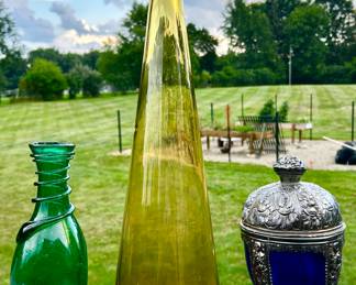Mid-Century green glass vase with applied decor, Mid-Century gold/amber tall stretch vase 18 5/8" tall, Antique metal compote with cobalt blue