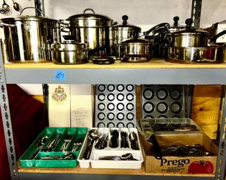 Revere cookware, stainless steel flatware, misc. kitchen utensils