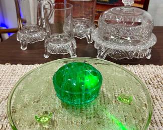 Vaseline glass flower frog (couple of chips) and a footed cakeplate, 4 piece EAPG serving set