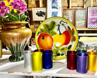 Enamel painted bowl, set of 8 metal glasses, modern pottery vase