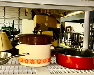 Modern fry pans, vintage enamel pot