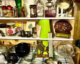 Vintage kitchen collectibles, pottery vase, silverplate items, glass handle door knobs, covered butter dishes, coffee jar, kerosene lamp, etc