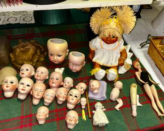 Porcelain doll heads and parts, dolls