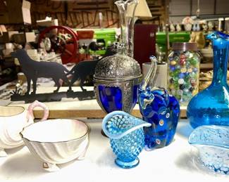 Belleek creamer & sugar, Fenton small vase, Cobalt blue glass liner w/ metal base compote, Murano style blue glass elephant, crackle glass decanter, etc.