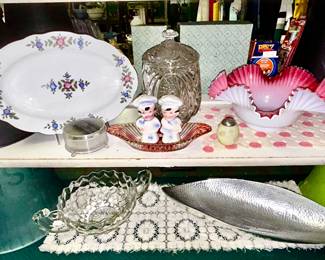 Collectible glass, porcelain, American Fostoria two handle bowl, metal bowl, art glass bride's basket, covered glass cookie/bisquit jar, etc.