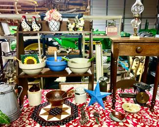 Bucket Bench with boot jack ends, antique side table, stoneware bowls, jugs, wooden bowl w/ handle, enamel coffee pot, chicken figurines, vintage kitchen utensils, vintage scale, modern art pottery, kerosene lamps, etc.