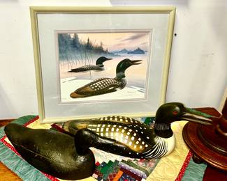 Signed Jerry Raedeke signed & numbered loon print #290, antique black wooden duck decoy (unmarked), Ducks Unlimited Lac La Croix Collection #290 loon decoy