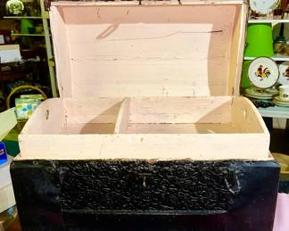 Antique smaller dome top trunk (painted black) with wooden tray