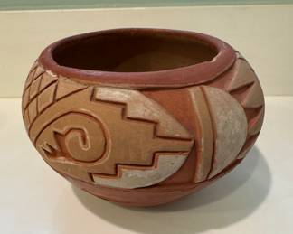 Martina Aquino, San Juan Pueblo Hand-Carved, Signed Bowl. Photo 1 of 2.