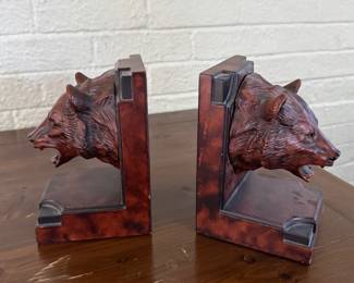 Pair of Carved Wood Grizzley Bear Bookends. Photo 1 of 2.