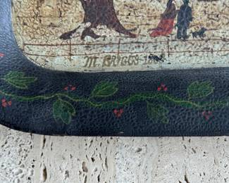 Grandma Moses Style Folk Art Winter Scene Tole Tray. Signed by Artist. Photo 2 of 2.