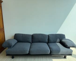 B & B Italia-Style Three Seat Contemporary Sofa Custom Upholstered in Grey Wool Fabric with Down-Cushions. Measures 96" W x 36" D. Photo 2 of 5.