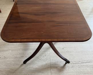 Antique Georgian-Style Satinwood Banded Double Pedestal Dining Table with Claw Feet. Measures 66" - 120" L (with four 13.5" Leaves) x 40" W x 28.5" H. Photo 2 of 7.