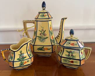 Set of 3 Henriot Quimper French Pottery Servers: Coffee Pot, Cream & Sugar.