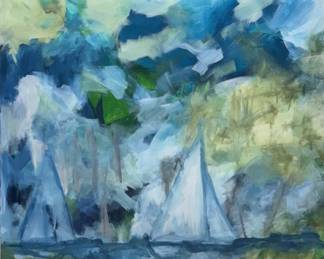 "Stormy Sailing," Blend of Acrylic & Pastels on Canvas. Measures 36" x 36." Signed and Titled on Back by Artist Rebecca Armstrong.