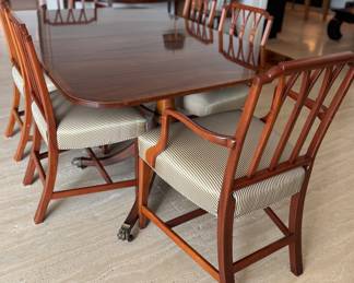 Antique Georgian-Style Satinwood Banded Double Pedestal Dining Table with Claw Feet. Measures 66" - 120" L (with four 13.5" Leaves) x 40" W x 28.5" H. Photo 1 of 7.