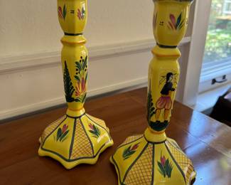 Set of 3 Henriot Quimper French Pottery Candlesticks. Photo 1 of 2.