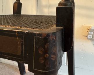 Antique Ebonized Wood Regency Style Arm Chair with Parcel Gilt Detailing and Cane Seat. Photo 6 of 8.
