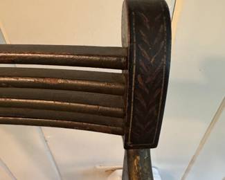 Antique Ebonized Wood Regency Style Arm Chair with Parcel Gilt Detailing and Cane Seat. Photo 5 of 8.