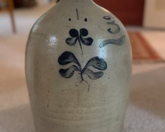 Antique American Stoneware Jug with Floral Cobalt Decoration. Photo 1 of 4.